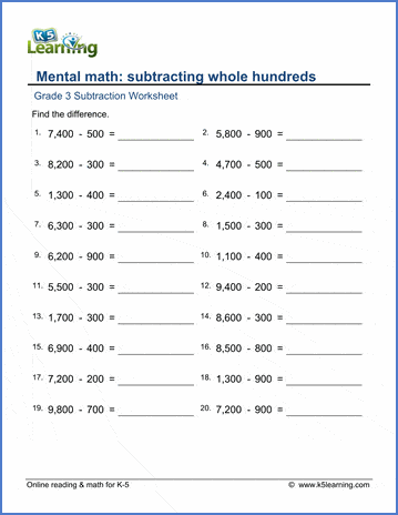 Grade 3 Subtraction Worksheet subtracting whole hundreds