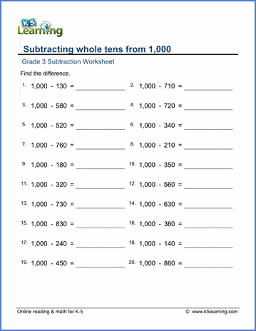 Grade 3 Subtraction Worksheet subtracting whole tens from 1,000