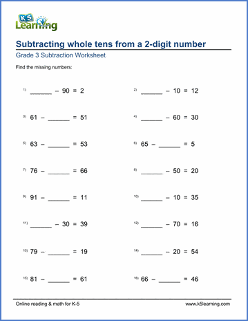 Grade 3 Subtraction Worksheet subtracting whole tens from 2-digit numbers with missing number