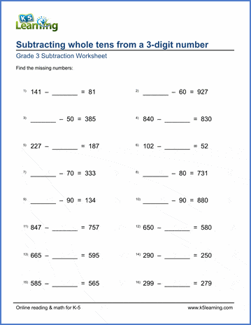 Grade 3 Subtraction Worksheet subtracting whole tens from 3-digit numbers with missing number