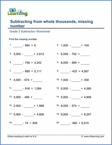 Grade 3 Subtraction Worksheet subtracting from whole thousands with missing number