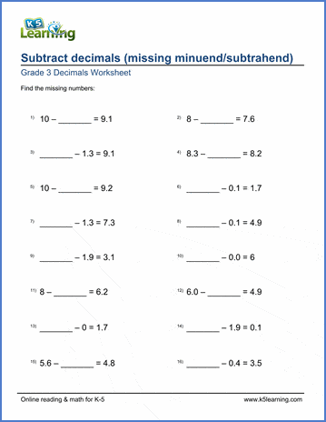 Grade 3 Fractions & decimals Worksheet subtracting decimals (missing minuends/subtrahends)