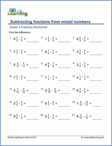 Grade 3 Fractions & decimals Worksheet subtracting fractions from mixed numbers