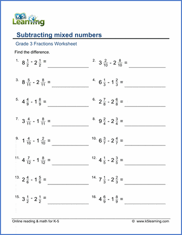 Grade 3 Fractions & decimals Worksheet subtracting mixed fractions