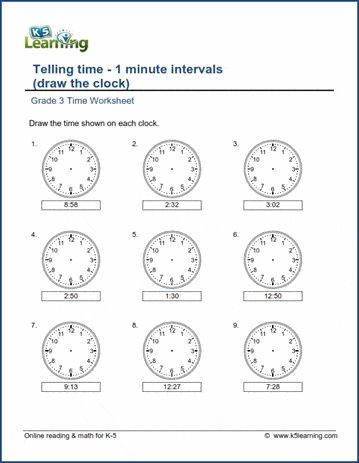 Grade 3 telling time Worksheet on drawing clock - 1-minute intervals