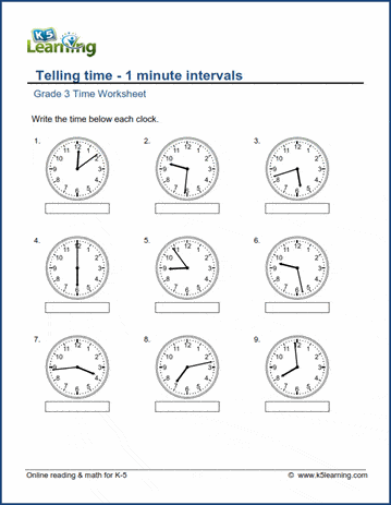 Grade 3 telling time Worksheet on telling time - 1-minute intervals