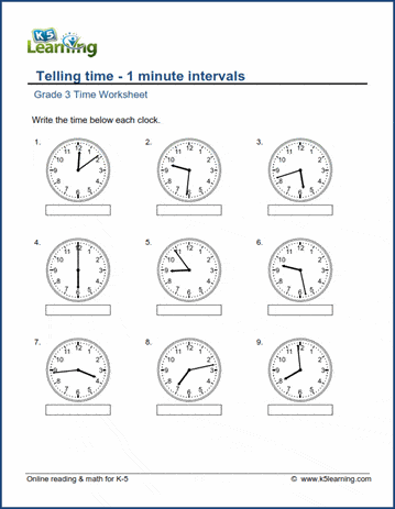 Grade 3 Telling Time Worksheet : Read the Clock - 1 minute intervals | K5  Learning