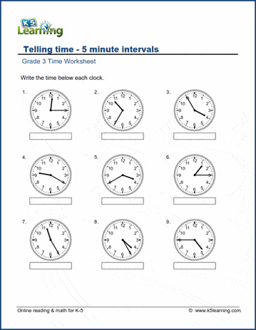 Grade 3 Telling Time Worksheet on telling time - 5-minute intervals