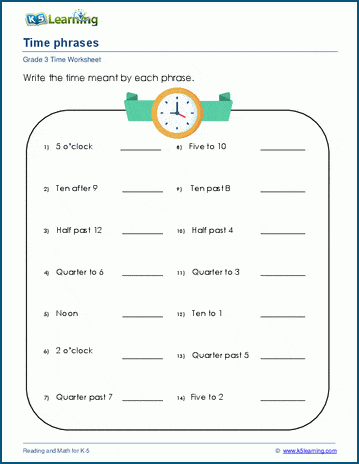 Telling time phrases worksheets