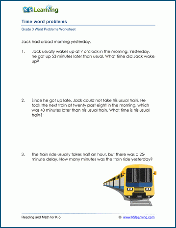 Grade 3 Word Problem Worksheet on elapsed time with 1 minute increments