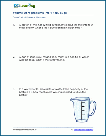 Grade 3 Volume and Capacity Word Problem Worksheets