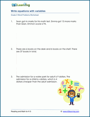 Grade 3 Word Problem Worksheet on equations and variables