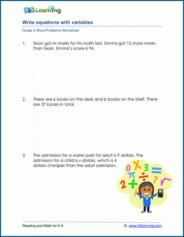 Grade 3 word problems with equations and variables | K5 Learning