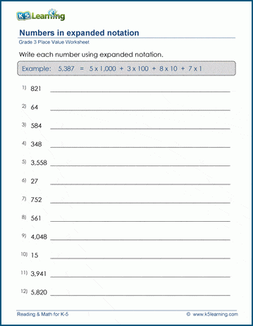 Grade 3 Place value Worksheet write a 4-digit number in expanded form