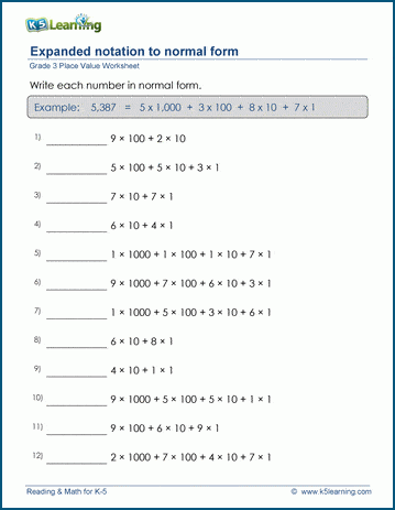 Grade 3 Place value Worksheet write a 4-digit number in normal form