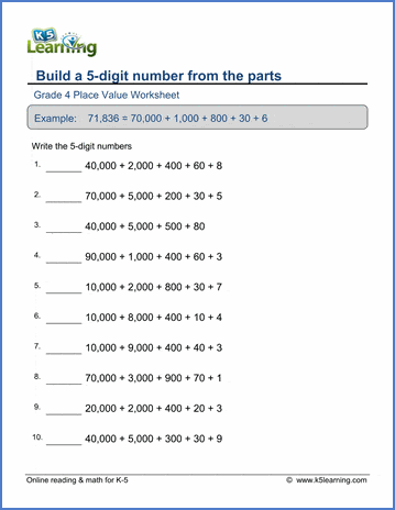 Grade 4 place value & rounding Worksheet building 5-digit numbers from the parts