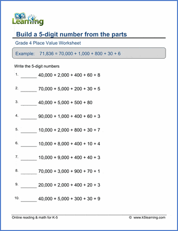 5 Digit Numbers - Place Value Worksheets: Build a 5-digit number from the  parts | K5 Learning