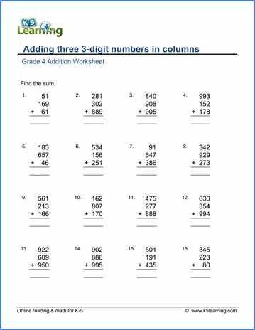 Grade 4 Addition Worksheet adding three 3-digit numbers