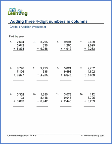 Grade 4 Addition Worksheet adding three 4-digit numbers