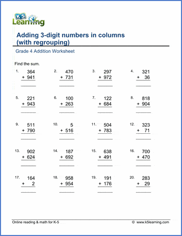 Grade 4 math worksheet - Addition: adding 3-digit numbers | K5 Learning
