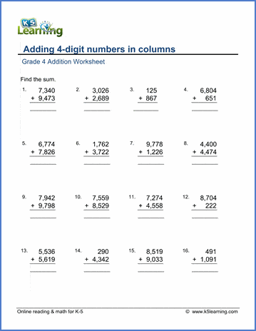 Grade 4 Addition Worksheet adding 4-digit numbers