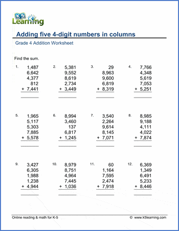 Grade 3 Addition Worksheet adding five 4-digit numbers