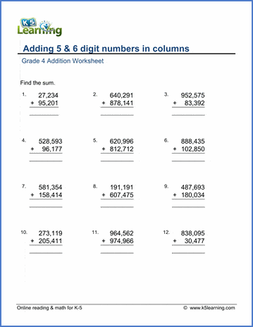 Grade 3 Addition Worksheet adding 5 and 6-digit numbers