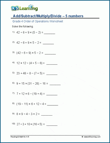 Add, subtract, multiply, divide worksheets for grade 4