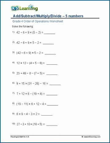 Grade 4 order of operations Worksheet add/subtract with parenthesis - 5 numbers