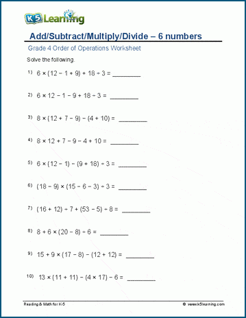 Grade 4 order of operations Worksheet add/subtract/multiply/divide with parenthesis - 6 numbers