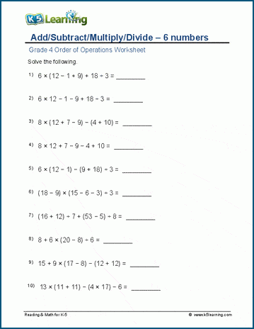 Add, subtract, multiply, divide worksheets for grade 4