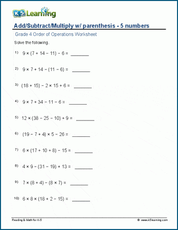 Grade 4 order of operations Worksheet add/subtract/multiply with parenthesis - 5 numbers