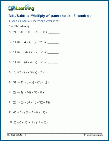 Add, subtract and multiply order of operations worksheets for grade 4