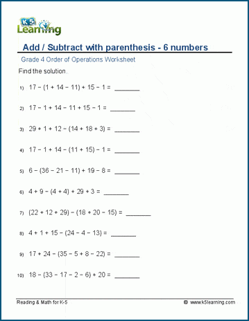 Grade 4 order of operations Worksheet add/subtract with parenthesis - 6 numbers
