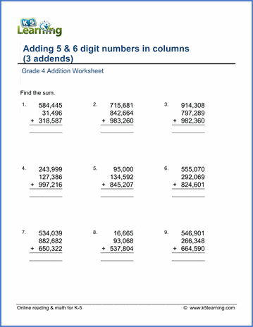 Grade 4 Addition Worksheet adding three 5 and 6-digit numbers