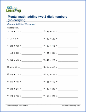 Grade 4 Addition Worksheet adding two 2-digit numbers (no carrying)