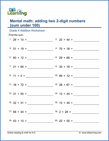 Adding two 2-digit numbers (sum under 100) worksheets | K5 Learning