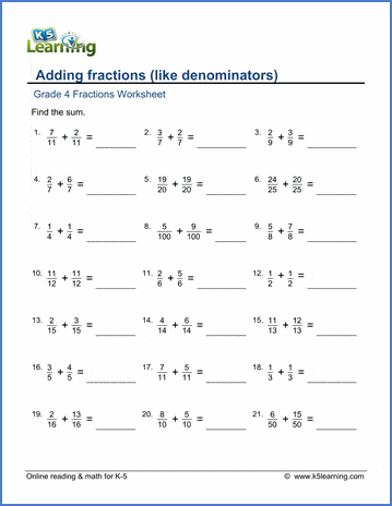 Grade 4 Fractions Worksheet adding fractions (like denominators)