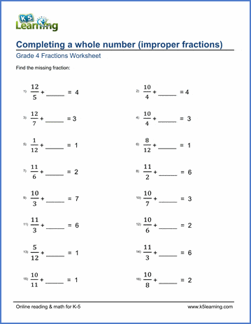 Grade 4 Fractions Worksheets: Completing a whole number | K5 Learning