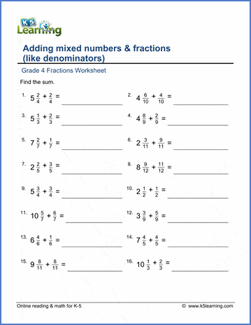 Grade 4 Fractions Worksheet adding mixed numbers & fractions (like denominators)