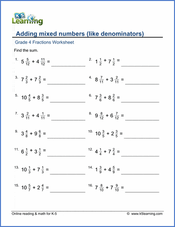 Grade 4 Fractions Worksheet adding mixed numbers (like denominators)