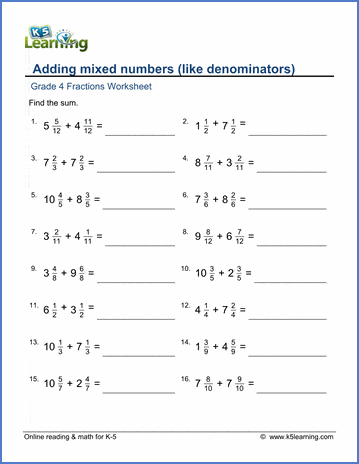 Grade 4 Fraction Worksheet: Adding mixed numbers (like denominators) | K5  Learning