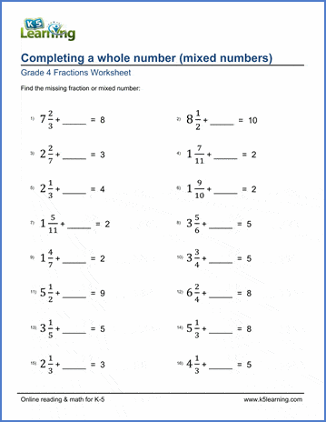 Grade 4 Fractions Worksheet completing a whole number