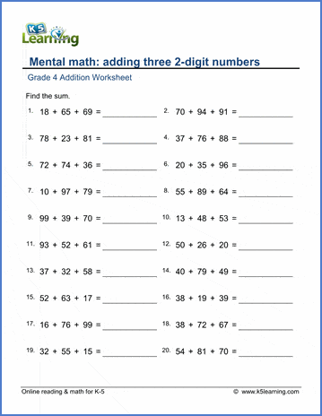 Grade 4 Addition Worksheet adding three 2-digit numbers
