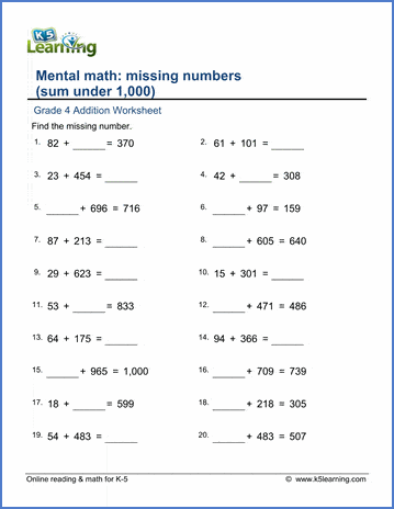 Grade 3 Addition Worksheet addition with missing number (sum under 1000)