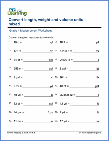 grade 4 math worksheets convert lengths weights and volumes k5 learning