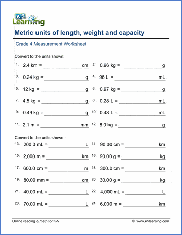 Grade 4 Math Worksheet: Convert lengths, weights and volumes (metric) | K5  Learning