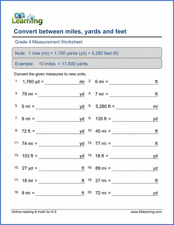 Grade 4 Measurement Worksheet subtract - convert between miles, yards and feet