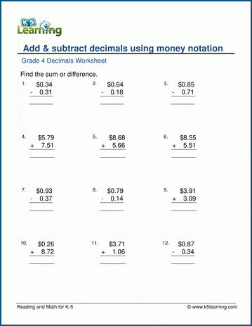 Add & subtract decimals (with money notation) worksheets | K5 Learning