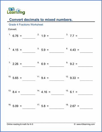 grade 4 math worksheets convert decimals to mixed numbers k5 learning